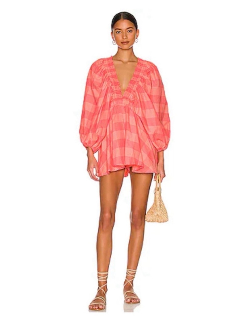 Alicia Romper in Big Gingham Neon Coral